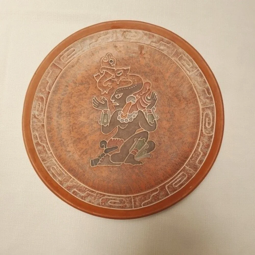 Vintage Mexican Pottery Plate Wall Hanger Aztec Mayan Snake Fish  - RARE